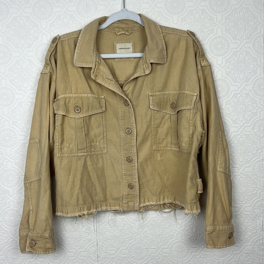 American Eagle Tan Cream Neutrals Jacket Cropped Distressed Minimalist Light Tan